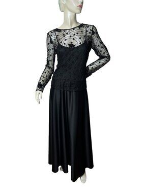 Vintage black gown with beaded sheer illusion net top by Stenay Size 6 Small